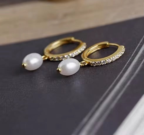 Classic Minimalist Pearl Drop Fashion Zircon Paved High Quality Gold Plated 925 Sterling Silver Pendant Earrings