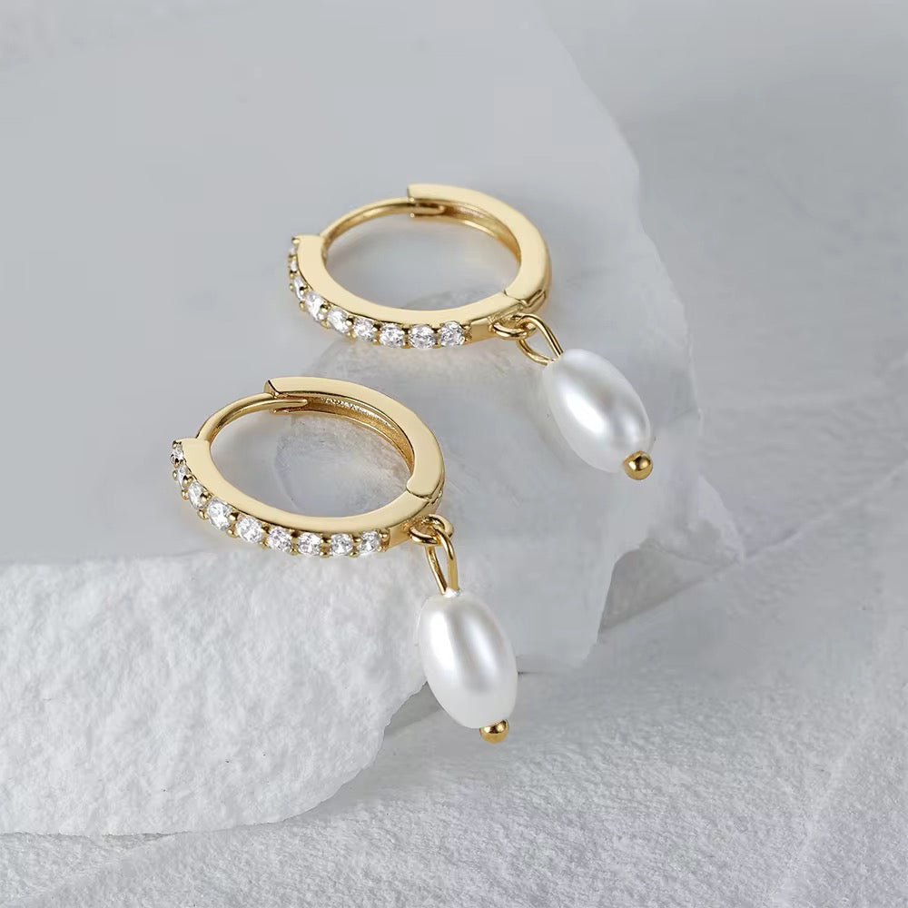 Classic Minimalist Pearl Drop Fashion Zircon Paved High Quality Gold Plated 925 Sterling Silver Pendant Earrings