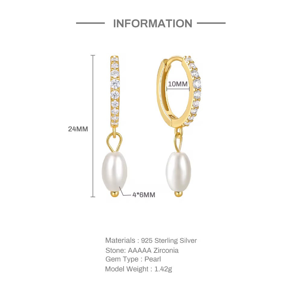 Classic Minimalist Pearl Drop Fashion Zircon Paved High Quality Gold Plated 925 Sterling Silver Pendant Earrings