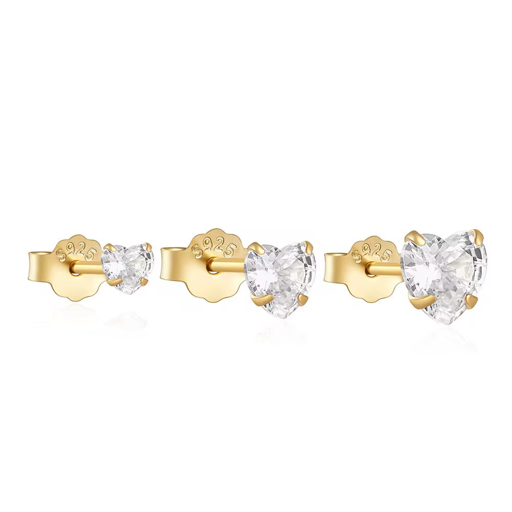 3 Pieces / Set 925 Sterling Silver Love Heart Zircon Ear Stud Earrings