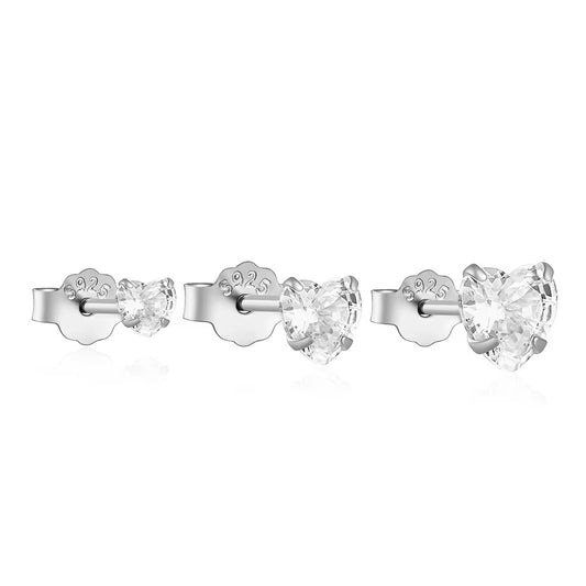 3 Pieces / Set 925 Sterling Silver Love Heart Zircon Ear Stud Earrings