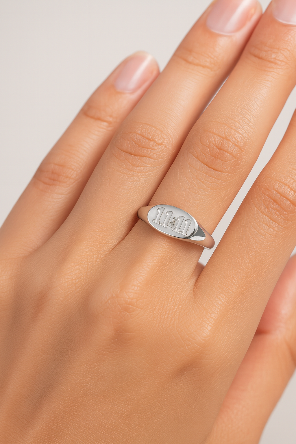 Silver Angel Number Oval 11:11 Engraved Ring