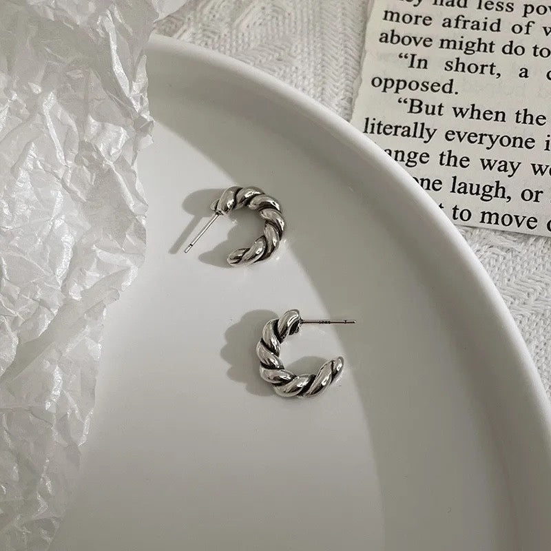 Sterling Silver 925 Knitted Twist Chunky Geometric Stud Earrings