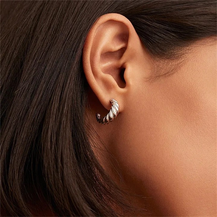 Silver Croissant Twisted Hoop Earrings