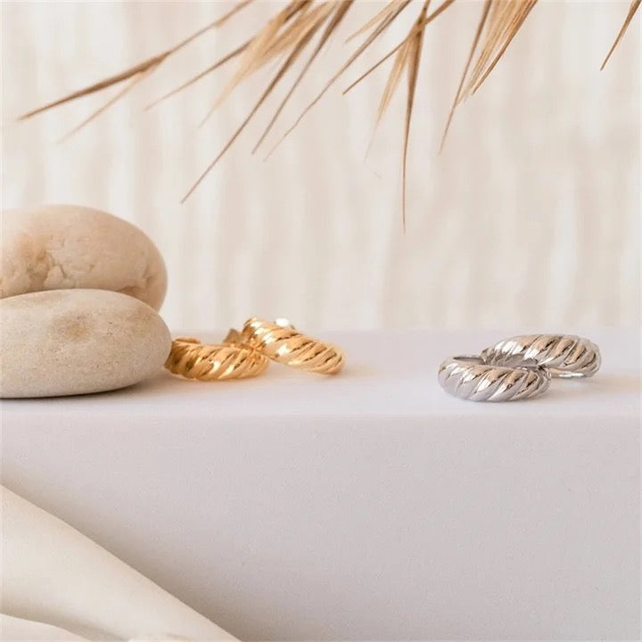 Silver Croissant Twisted Hoop Earrings