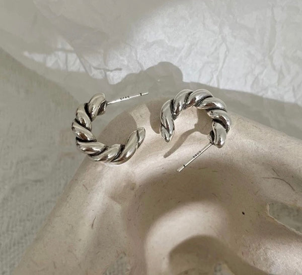 Sterling Silver 925 Knitted Twist Chunky Geometric Stud Earrings