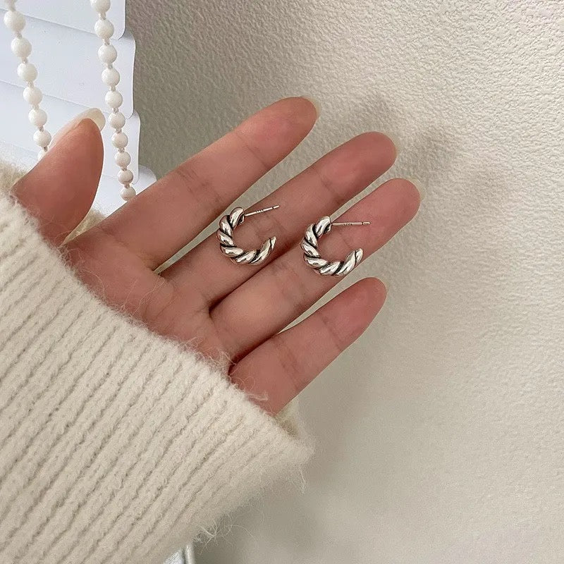 Sterling Silver 925 Knitted Twist Chunky Geometric Stud Earrings