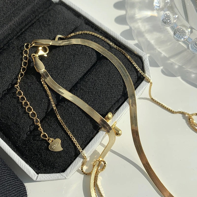 925 Sterling Gold Double Layer Snake Chain Necklace