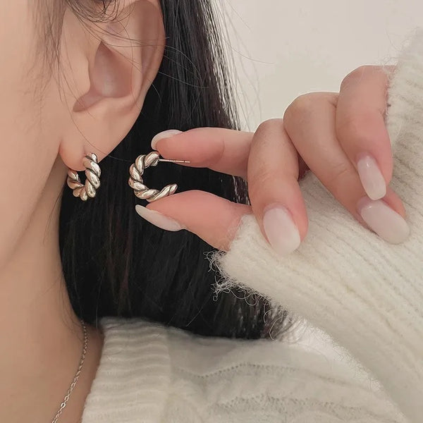 Sterling Silver 925 Knitted Twist Chunky Geometric Stud Earrings