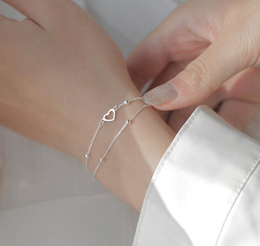 925 Silver Double Layers Beaded Hearts & Charm Adjustable Bracelet