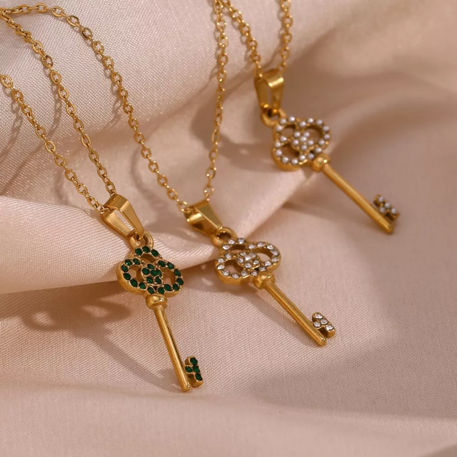 Gold Cubic Zirconia Key Pendant Necklace