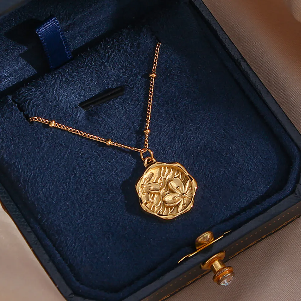 Gold Engraved Cherry Flower Coin Necklace
