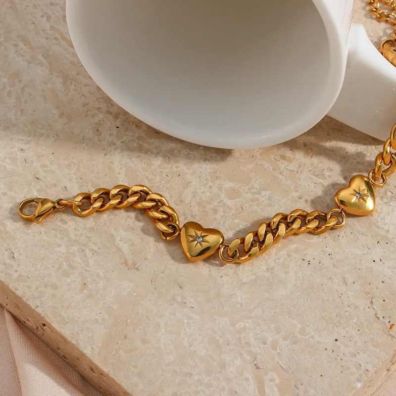 Gold Cuban Link Chain Love Heart Charm Bracelet