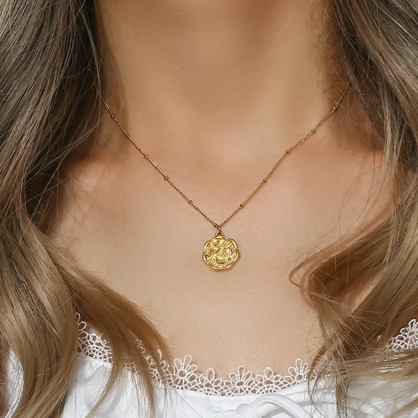 Gold Engraved Cherry Flower Coin Necklace