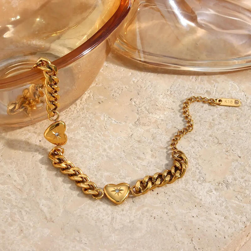 Gold Cuban Link Chain Love Heart Charm Bracelet