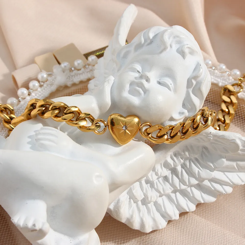 Gold Cuban Link Chain Love Heart Charm Bracelet