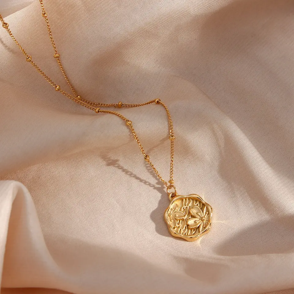 Gold Engraved Cherry Flower Coin Necklace