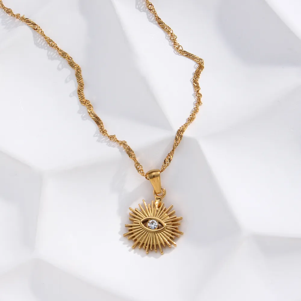 Gold Boho Hollow Evil Eye Stainless Steel Pendant Statement Necklace