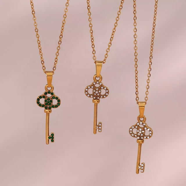 Gold Cubic Zirconia Key Pendant Necklace