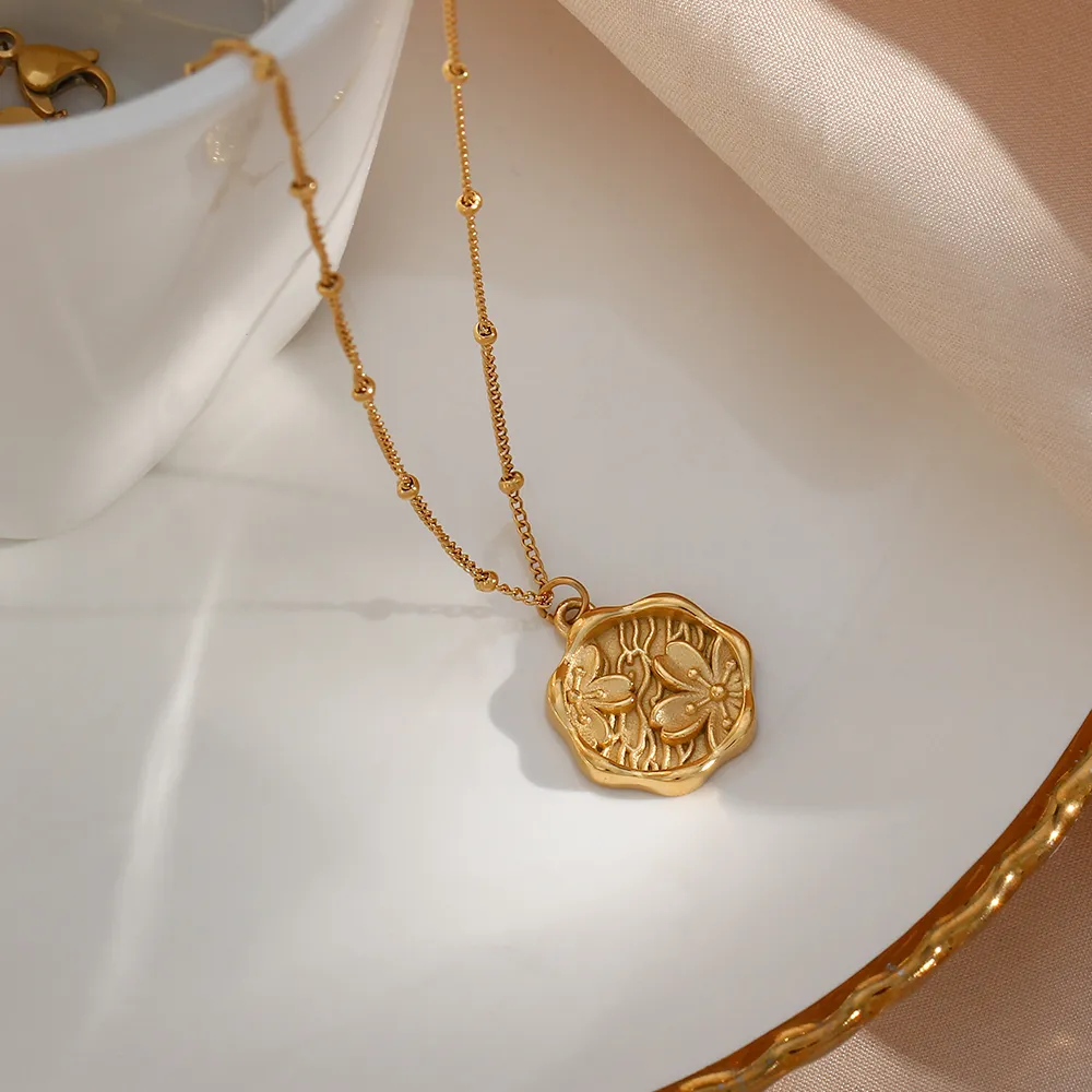 Gold Engraved Cherry Flower Coin Necklace