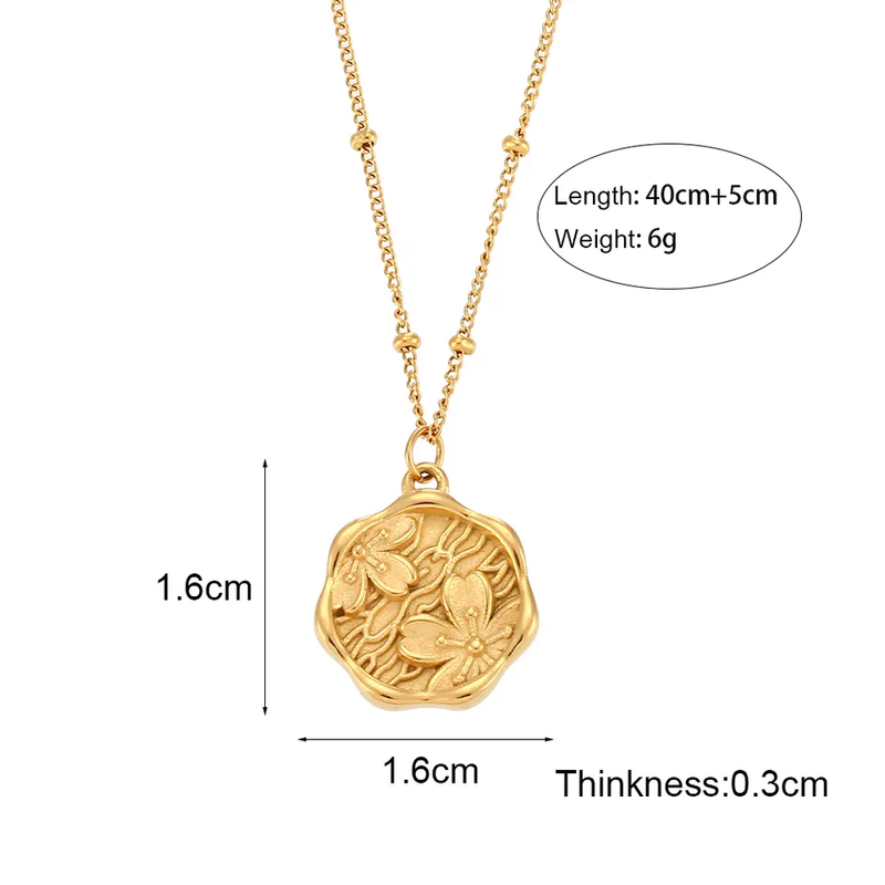 Gold Engraved Cherry Flower Coin Necklace