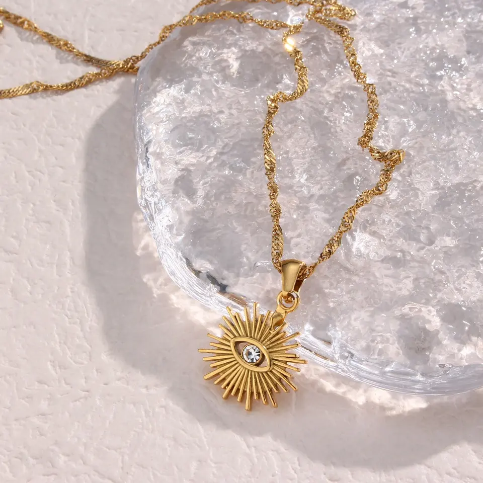 Gold Boho Hollow Evil Eye Stainless Steel Pendant Statement Necklace