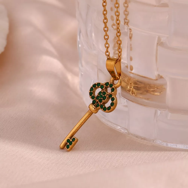 Gold Cubic Zirconia Key Pendant Necklace