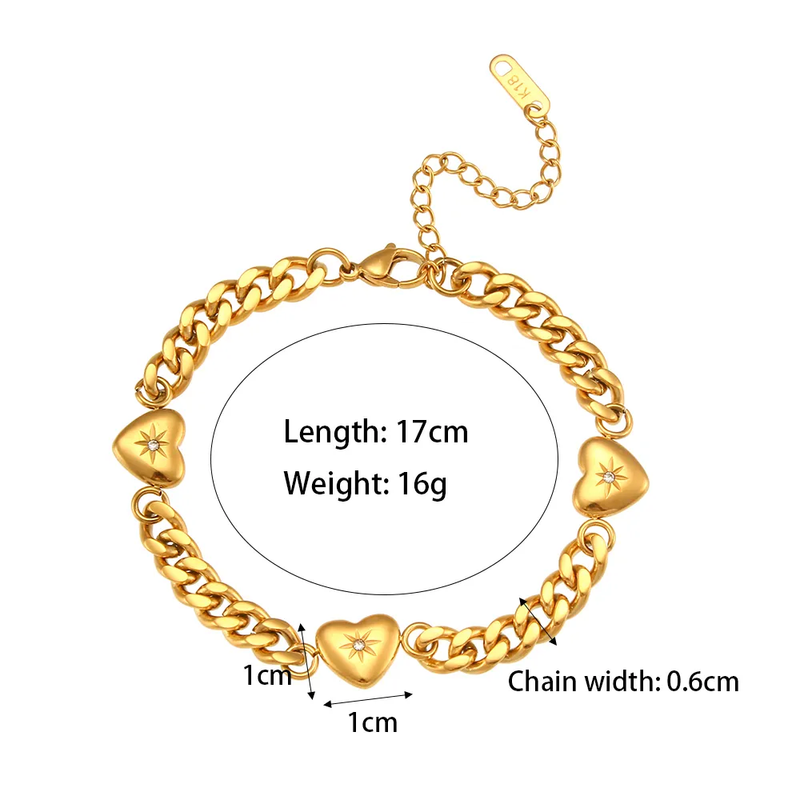 Gold Cuban Link Chain Love Heart Charm Bracelet