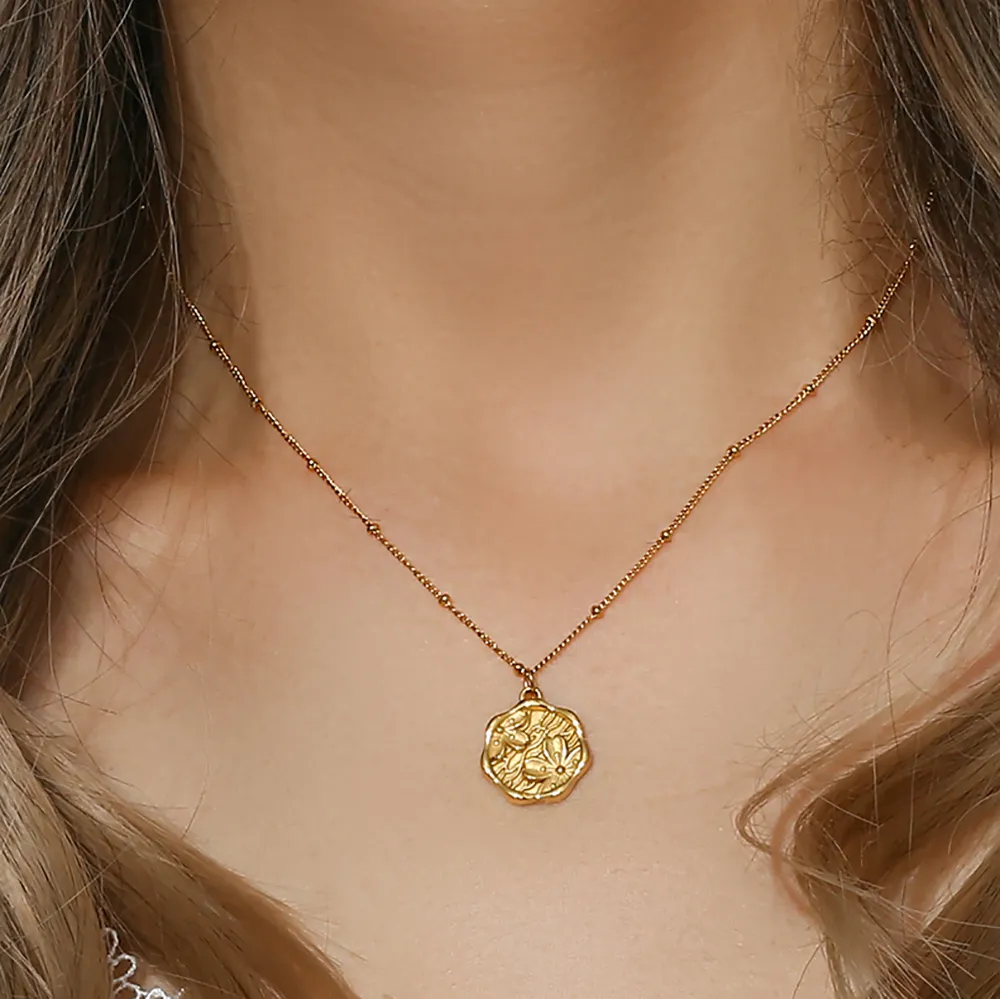 Gold Engraved Cherry Flower Coin Necklace