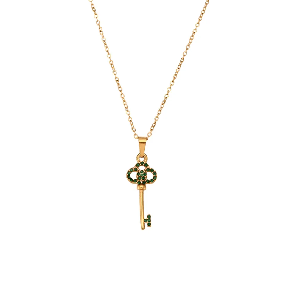 Gold Cubic Zirconia Key Pendant Necklace