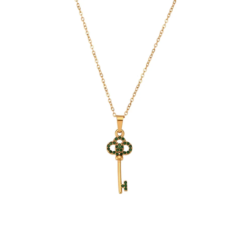 Gold Cubic Zirconia Key Pendant Necklace