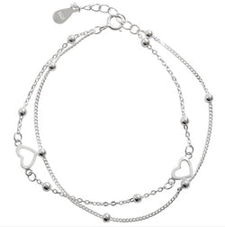 925 Silver Double Layers Beaded Hearts & Charm Adjustable Bracelet