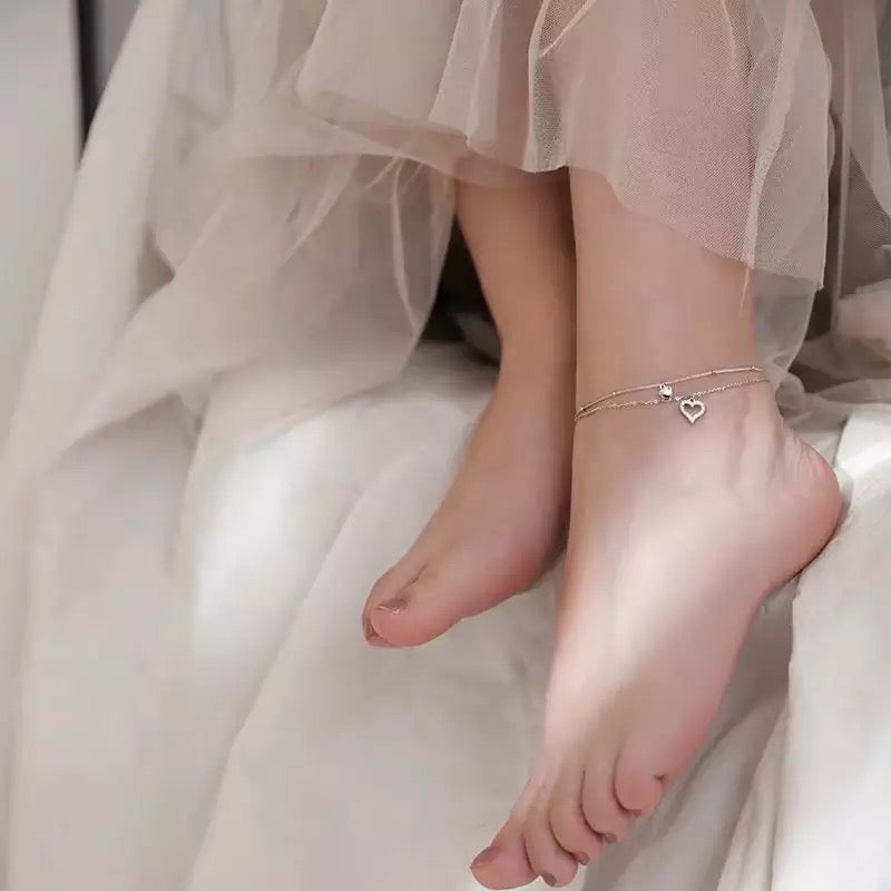 925 Sterling Silver Double Layer Love Heart Anklet Bracelet