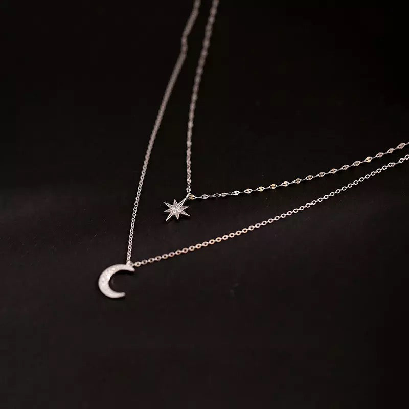 925 Sterling Silver Double Layer Necklace Shiny Pendant Crescent Moon and star
