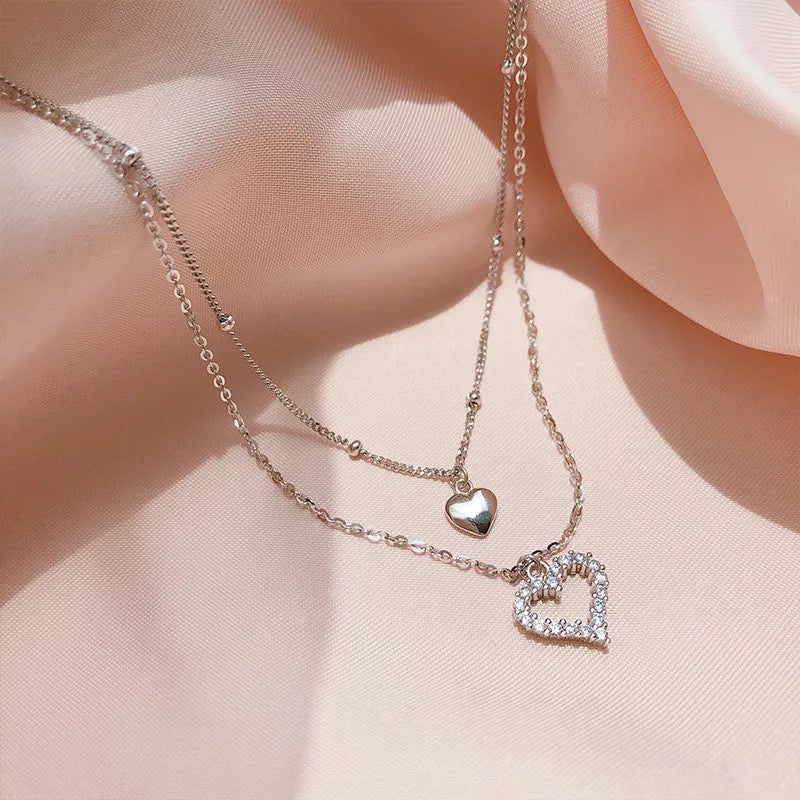 925 Sterling Silver Double Layer Love Heart Necklace