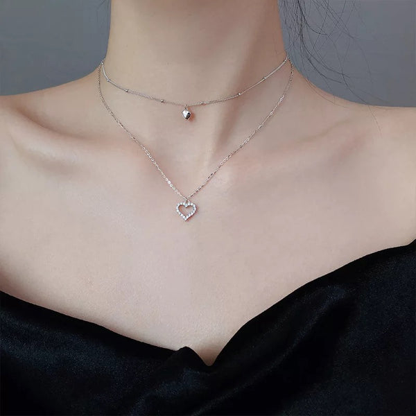 925 Sterling Silver Double Layer Love Heart Necklace