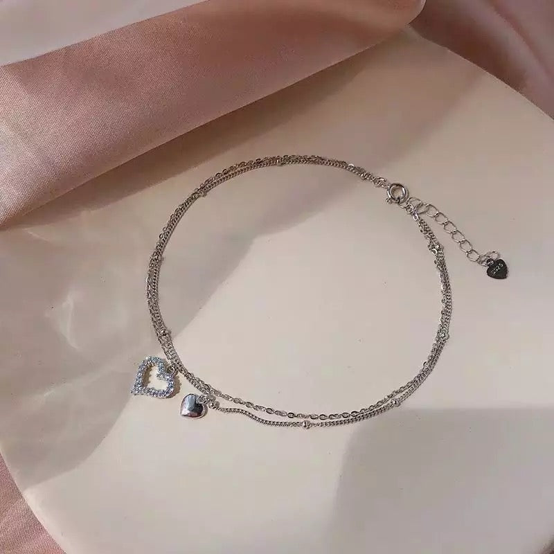 925 Sterling Silver Double Layer Love Heart Anklet Bracelet