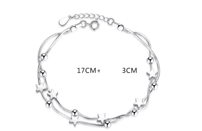 925 Sterling Silver Tiny Twinkle Stars Charm Beaded Star Bracelet Link Bracelet Adjustable Length