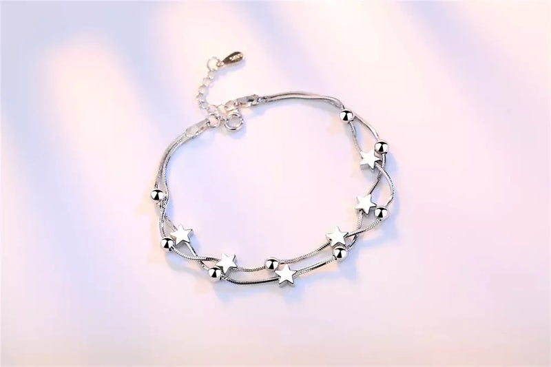 925 Sterling Silver Tiny Twinkle Stars Charm Beaded Star Bracelet Link Bracelet Adjustable Length