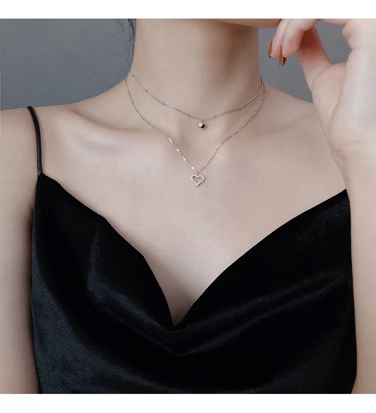 925 Sterling Silver Double Layer Love Heart Necklace