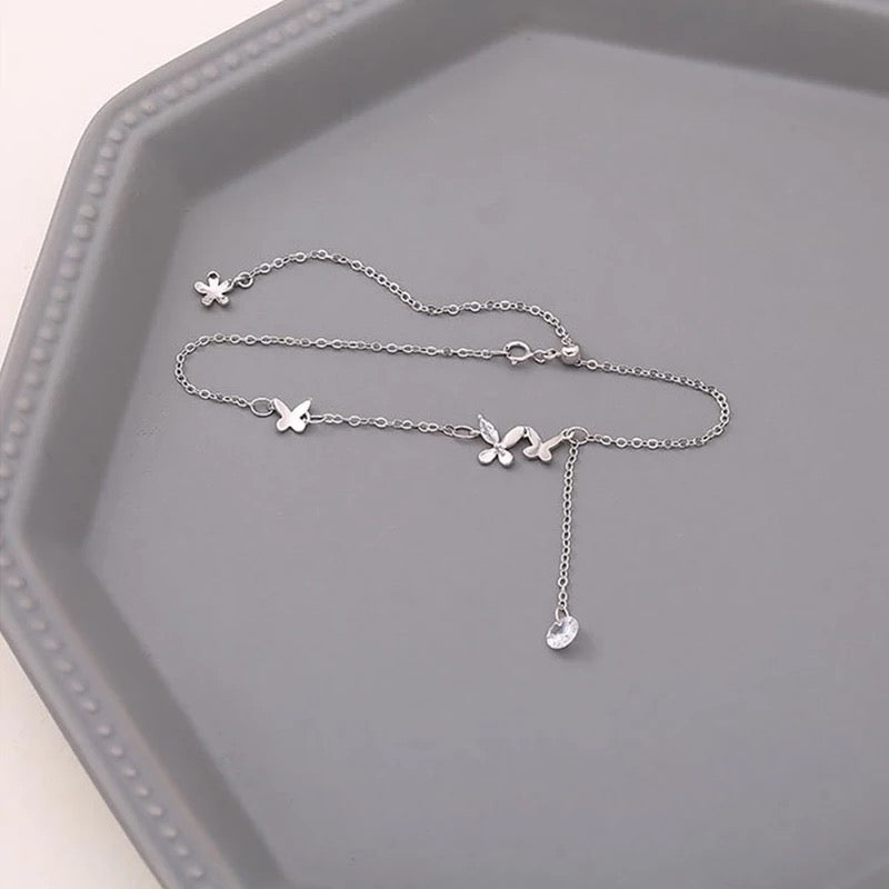 925 Sterling Silver Butterfly Flower Tassel Anklet Bracelet