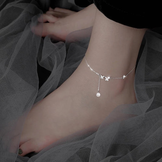 925 Sterling Silver Butterfly Flower Tassel Anklet Bracelet
