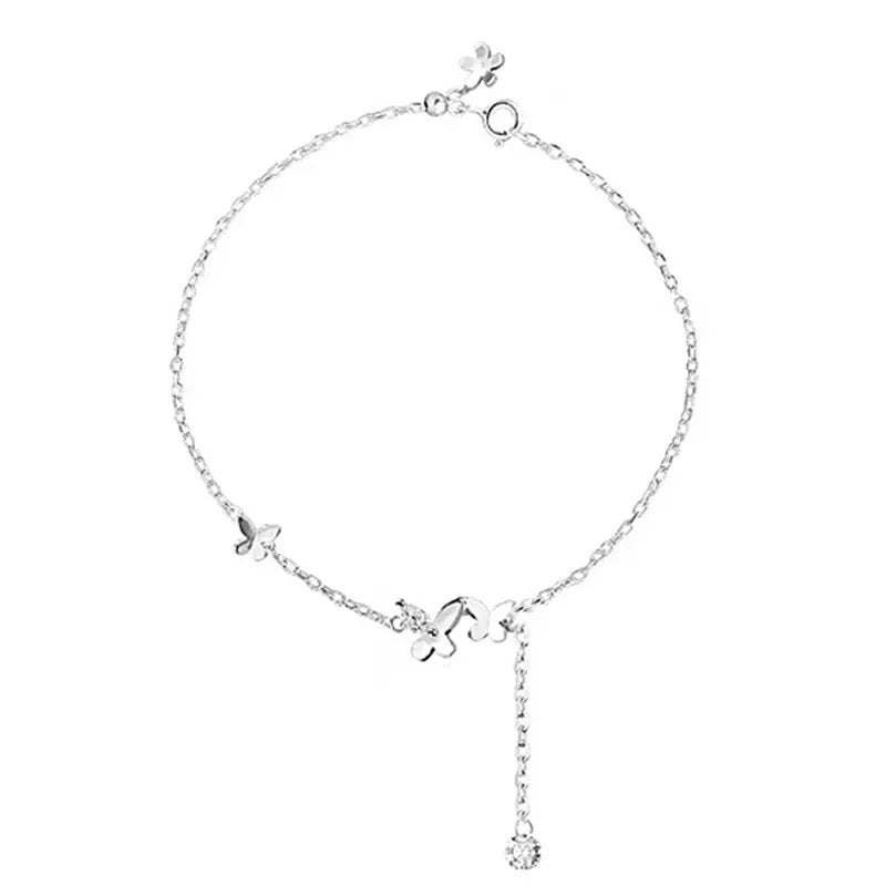 925 Sterling Silver Butterfly Flower Tassel Anklet Bracelet