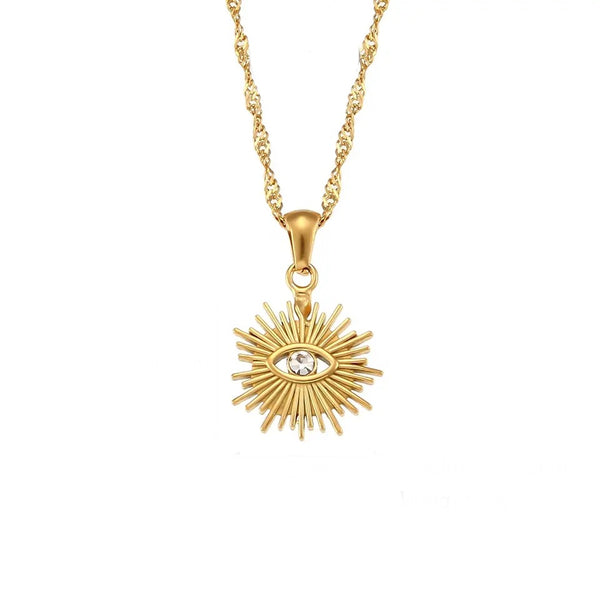 Gold Boho Hollow Evil Eye Stainless Steel Pendant Statement Necklace