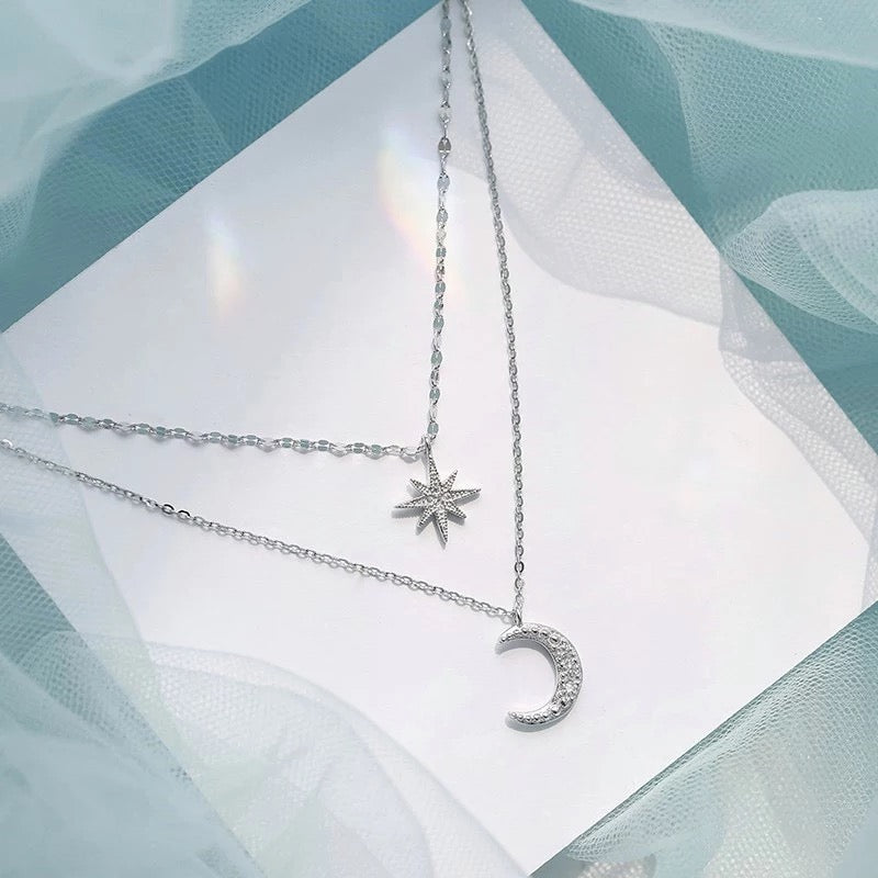 925 Sterling Silver Double Layer Necklace Shiny Pendant Crescent Moon and star