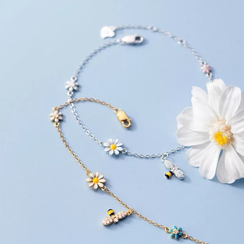 925 Sterling Silver Micro Zircon Daisy Flower Bee Bracelet Silver or Gold Colour