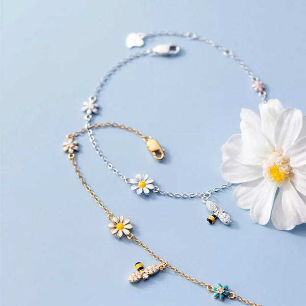 925 Sterling Silver Micro Zircon Daisy Flower Bee Bracelet Silver or Gold Colour