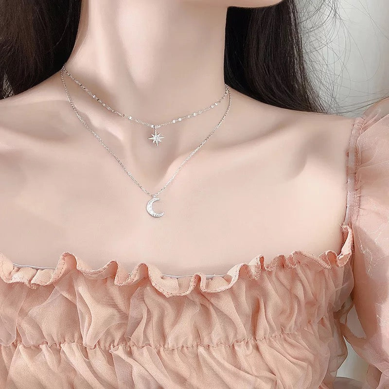 925 Sterling Silver Double Layer Necklace Shiny Pendant Crescent Moon and star
