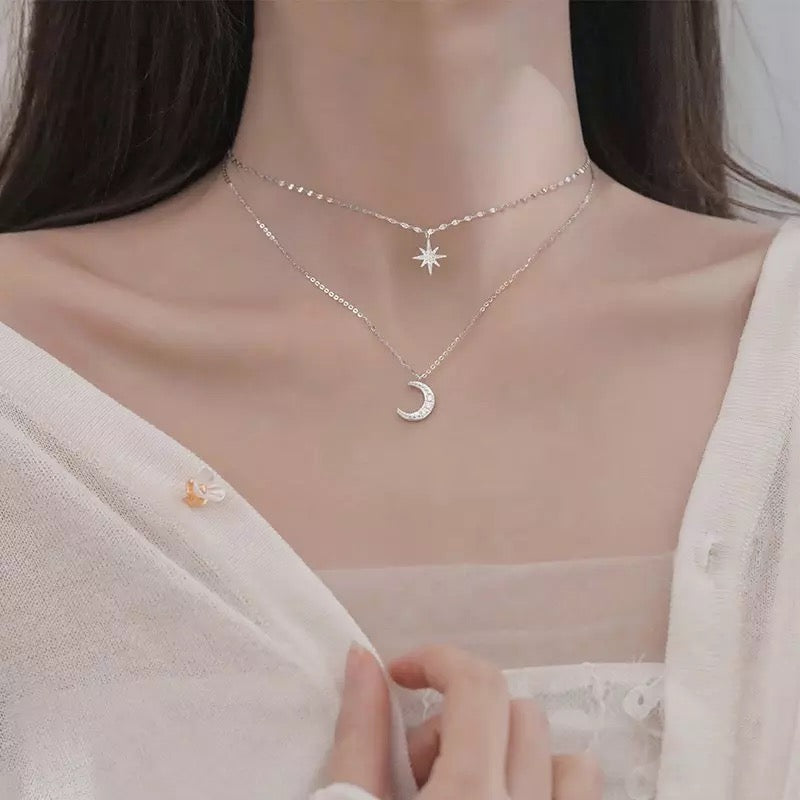 925 Sterling Silver Double Layer Necklace Shiny Pendant Crescent Moon and star
