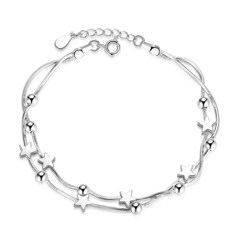 925 Sterling Silver Tiny Twinkle Stars Charm Beaded Star Bracelet Link Bracelet Adjustable Length